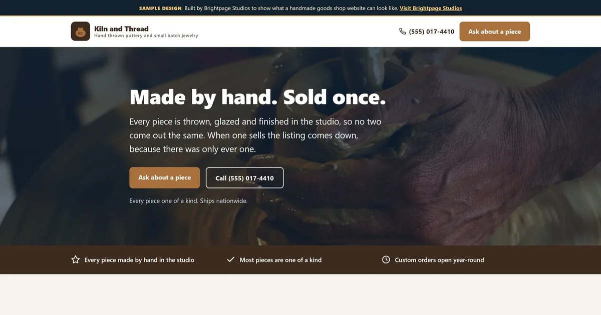 A sample handmade goods shop website design, showing a potter shaping clay on a wheel under the headline Made by hand, sold once