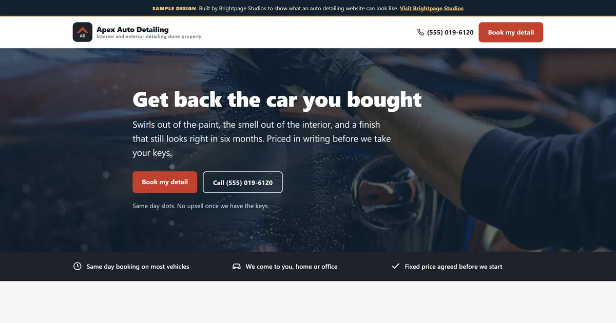 A sample auto detailing website design, showing a polished car under the headline Get back the car you bought with a booking button
