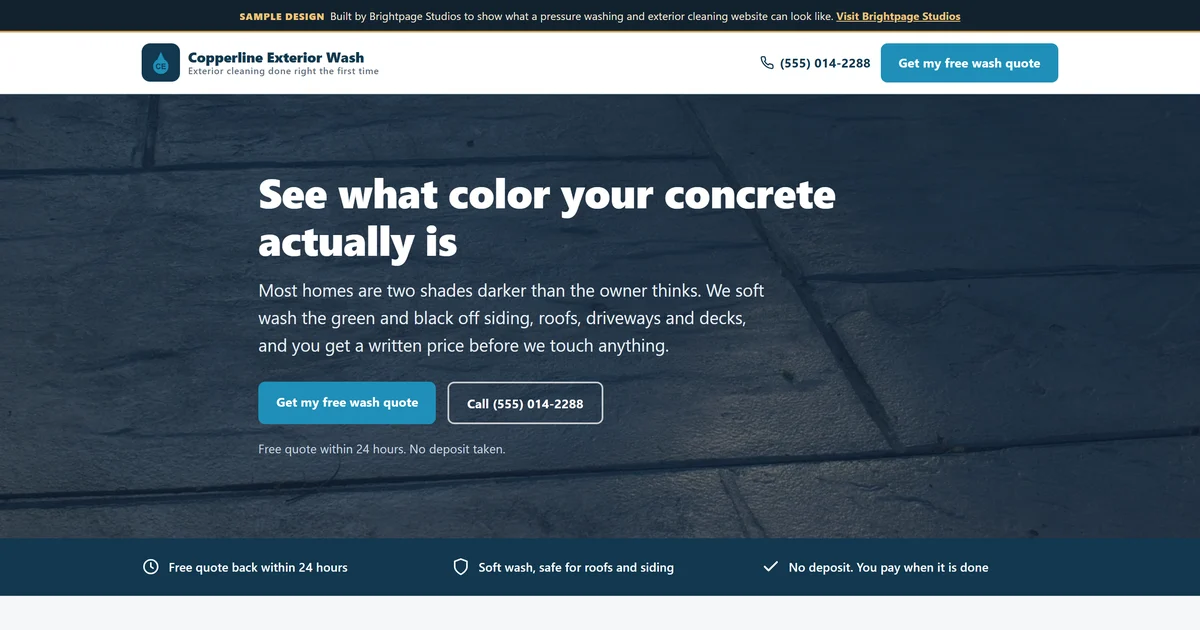 A sample pressure washing website design, showing a clean two story home behind the headline See what color your house actually is and a Get my free wash quote button