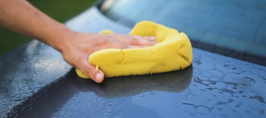 A hand wiping down wet car paint with a yellow detailing sponge