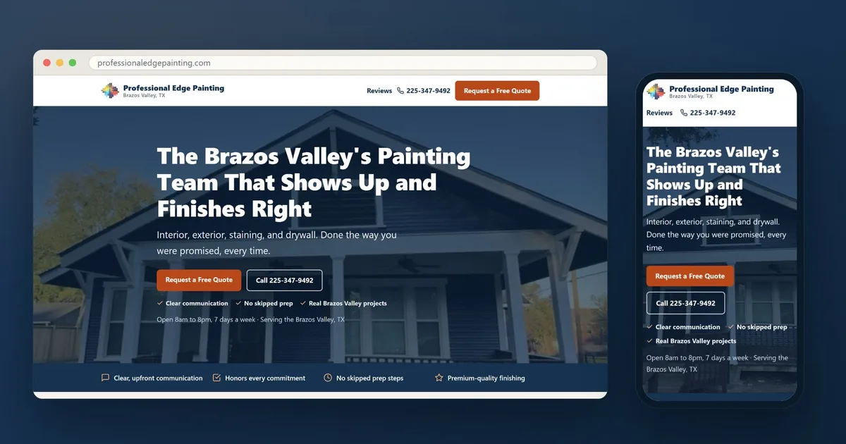 The Professional Edge Painting website shown on a desktop browser and on a phone, with its headline and a Request a Free Quote button